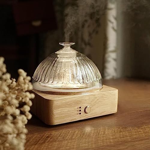 Glass Dome Essential Oil Diffuser with Glass Reservoir & Wood Base-No Plastic, 200ml Ultrasonic Diffuser for Aromatherapy with Timer 7 Color Light Auto-Off for Home Office Yoga Pilates by Levoair
