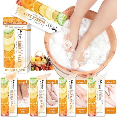 Pedicure Kit Foot Soak Set: Bubble Salt, Sugar Scrub, Massage Mask, Massage Lotion in a Box, 4 Step Foot Spa Kit for Dry Feet, Calluses and Tired Feet(1 Set Tropical Fruit) by nbcBeautiLab