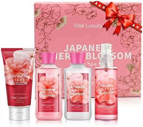 Japanese Cherry Blossom Bath & Body Kit, 3 Fl Oz Travel Size, Ideal Skincare Relaxing Home Spa Set, Includes Body Lotion, Shower Gel, Body Cream, and Fragrance Mist, Bath Gifts for Her and Him by VitalLuxury