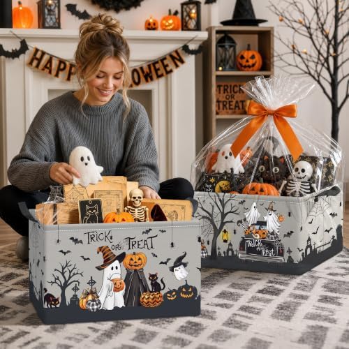 Clastyle 3 Pcs Halloween Spooky Gift Basket Ghost Boo Storage Bin, Grey - Image 6