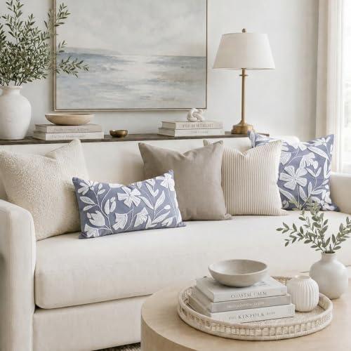 BlissBlush Decorative Lumbar Pillow Cover 12x20, Coastal Dusty Blue Accent Velvet Throw Pillowcase for Couch Sofa Living Room, Floral Tufted Rectangular Cushion, Cover Only - Image 3