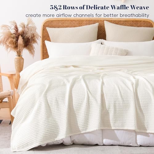 PHF Lightweight Waffle Weave Throw Blanket 50"x 60", Soft Woven Summer Blanket for Hot Sleepers - Aesthetic Home Decor for Couch Bed Sofa, Pet Friendly, Cream - Image 4