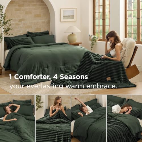 Bedsure Gentlesoft™ 2-in-1 King Size Comforter Set and Detachable Fluffy Blanket, Olive Green Bedding Set for All Season Use, Detachable Design for Space Saving(Includes 2 Pillow Shams,2 Pillowcases) - Image 2