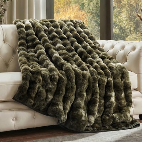 EverGrace Faux Rabbit Fur Bubble Throw Blanket, 60"x80", Marble Olive by EVERGRACE