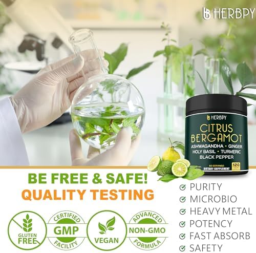 Herbpy 6in1 Citrus Bergamot Supplement with Ashwagandha, Holy Basil, Turmeric & Ginger Root - Healthy Aging, Immune & Relaxation - 120 Vegan Capsules - Image 5