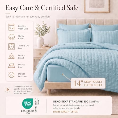 CozyLux Queen Comforter Set, 7 Pieces Light Blue Seersucker Bed in a Bag - Image 5