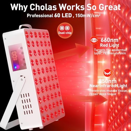Cholas Red Light Therapy Panel for Face and Body, 150W with 60 Dual Chip LEDs, 660nm Red Light and 850nm Near Infrared, 3 Modes Adjustable Brightness and Timer, Gifts for Men Women - Image 2