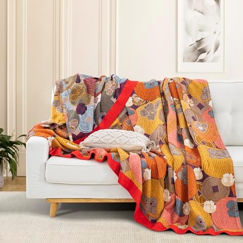 100% Muslin Cotton Throw Blanket for Bed Couch Chair, Floral Persimmon Printed Colorful Retro Quilt Ultra Soft Reversible Gauze Blanket for All Season, 80"x90" - Image 3