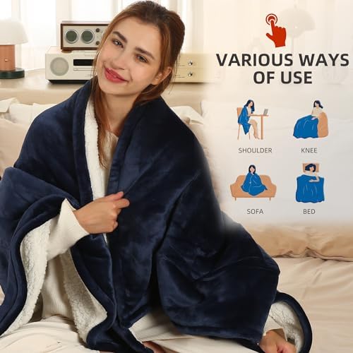 ESTINGO Heated Throw Blanket Electric Blanket, 50"x60" Heating Blanket with 5 Heating Levels & 4 Hours Auto Off, Reversible Flannel Sherpa Electric Throw Blanket with OverHeat Protection, Navy Blue - Image 6