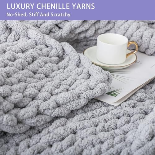 Bigacogo Chunky Knit Throw Blanket for Couch, 40x40 inches, Light Grey - Image 4