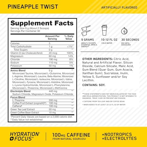 Optimum Nutrition Amino Energy Powder Plus Focus, Pineapple Twist, 9.5 Oz - Image 2