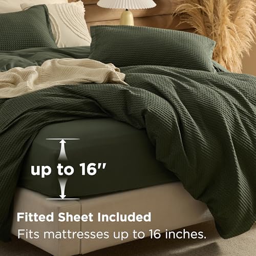Bedsure PureWoven Cotton Waffle Duvet Cover Set with Fitted Sheet, Queen - Image 2