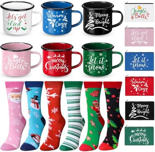 18 Pcs Christmas Gifts Set Xmas Makeup Bags Enamel Mugs Christmas Socks Bulk 2026 Gifts Santa Penguin Party Favors for Adults Coworkers Women Teacher Xmas Winter Party Supplies Decor by Singhoow