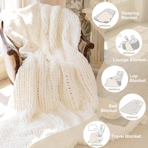 Chunky Knit Throw Blanket for Couch，80X90 Inches Ivory - Image 4