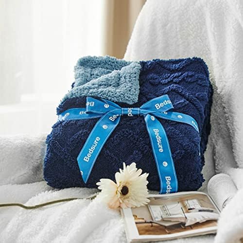 Bedsure Sherpa Fleece Blanket, Cable Jacquard Tufted, Warm, Navy, King - Image 5