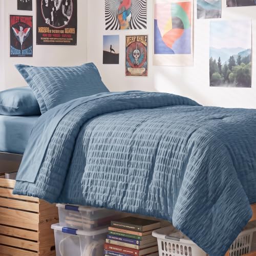 CozyLux Twin XL Comforter Set 5 Pieces Grayish Blue Seersucker Bed in a Bag by CozyLux