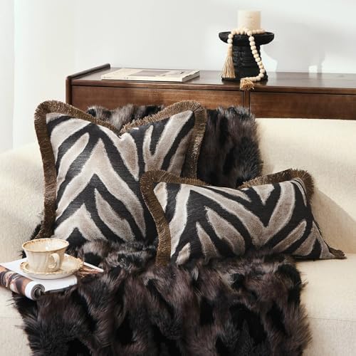Luxury Zebra Lumbar Pillow Cover with Brown Tassel Trim, Zebra Pattern Jacquard Design Decorative Pillow Case for Sofa Bedroom Living Room, 12x20 Inch (Single Pack) - Image 2