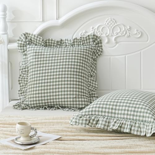 2 Pack Sage Green White Plaid Ruffle Euro Shams Pillow Covers 26x26 inches - Image 3