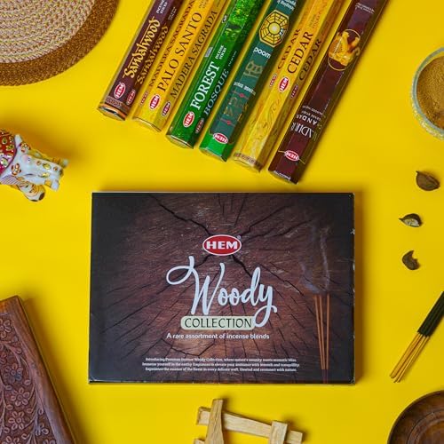 HEM Woody Series Premium Incense Sticks Combo | Sandalwood, Palo Santo, Forest, Feng Shui, Cedar & Madhur Chandan | 120 Sticks, 30-Minute Burn Time | Natural Aroma for Relaxation, Stress Relief by HEM