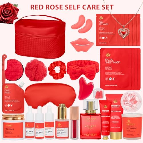 33 Pcs Mother's Day Gifts, Red Rose Bath & Body Gift Set for Women, Home Spa Kit, Hydrating Skin Care Set, Self Care Gift Basket, Cosmetic Bag, Necklace, Valentines, Birthday, Anniversary - Image 2