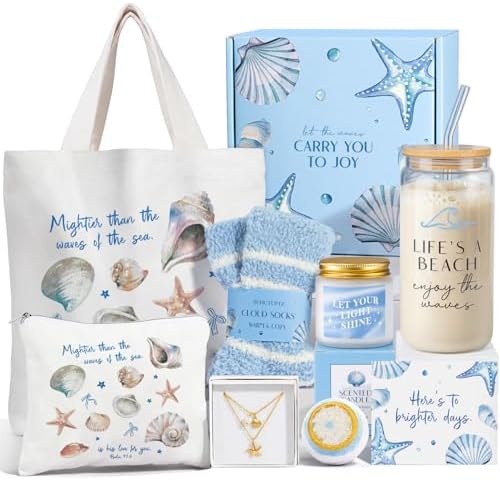 Gifts for Women, 8pcs Ocean Happy Birthday Gifts for Women, Christmas Ideas Inspirational Get Well Soon Gift Baskets Mothers Day Box w/Seashell Tote Bag for Her Mom Sister Friend Friendship by SuhctuptxAccompanyUInLife