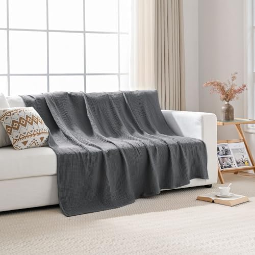 Esterra Queen Size Cozy Soft Lightweight Pre-Washed Cotton Blanket, All Season Breathable 4-Layer Gauze Blanket Throw for Couch Bed, Dark Gray, 90x90 Inches - Image 3