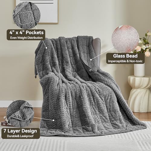 Weighted Blanket 15lbs for Adults, Queen Size Jacquard Sherpa Heavy Blanket for Calming and Relax, Dual Sided Ultra Soft Fuzzy Throw Blanket with Glass Beads, 60 x 80 inches, Dark Grey - Image 6