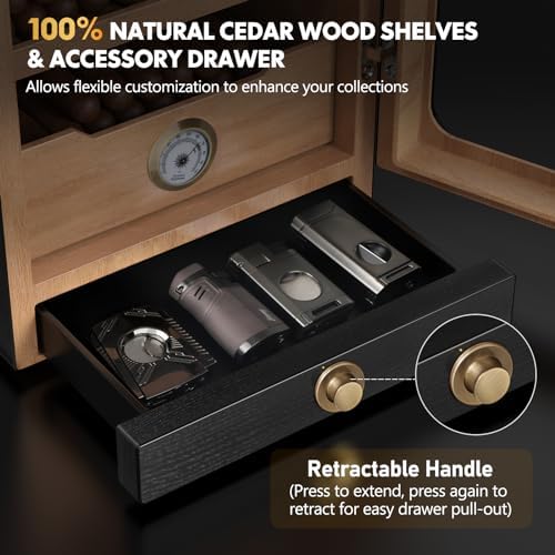 Tesonway Cigar Humidor, Desktop Cigar Humidor Cabinet Light Control System with Spanish Cedar Wood Shelves, Hygrometer, 3 Humidifiers and Cigar Accessories Drawer, Father's Day Gift for Men (Black) - Image 5