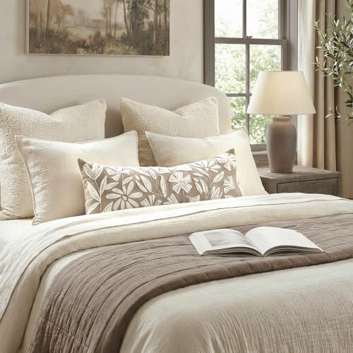 BlissBlush Long Lumbar Pillow Cover 14x36 for Bed, Light Taupe Floral Tufted Velvet Accent Oversize Throw Pillowcase for Bedroom, Cover Only - Image 3