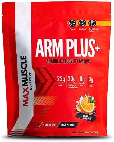 Max Muscle Arm Plus+ Anabolic Recovery Matrix | 25g Whey Protein, 8g Bcaas, 3g Creatine Monohydrate | Amino Acids, Antioxidants, Glutamine, Electrolytes (Orange Citrus Blast, 2.54 lb) by MaxMuscleNutrition