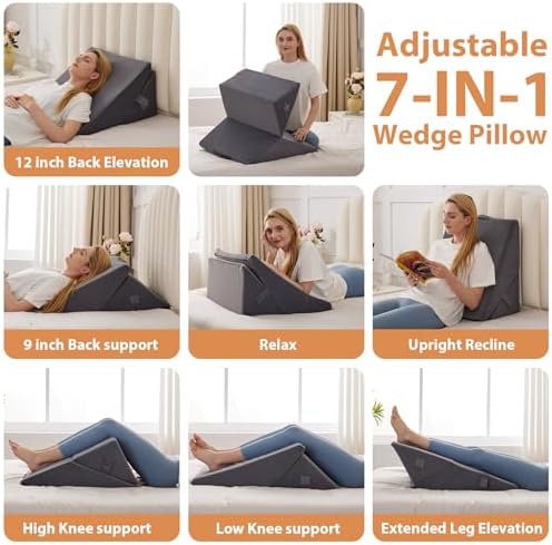 BIEEZZK Wedge Pillow, Adjustable Back Pillow for Sleeping, 9&12“ Bed Wedge Pillow Set for After Surgery, Triangle Memory Foam Pillow Wedges for Headboard, Acid Reflux, Snoring, GERD, Grey - Image 2