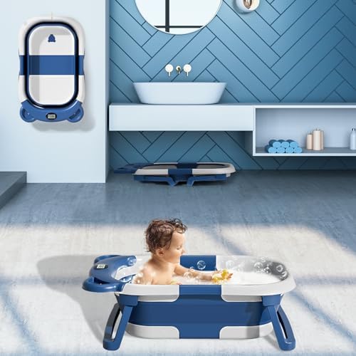 MoreFeel Collapsible Baby Bathtub for Newborn with Thermometer & 1 Soft Floating Cushion & 1 Bath Net,Portable Travel Bathtub with Drain Hole, Durable Foldable Baby Tubs for Infants to Toddler - Image 6