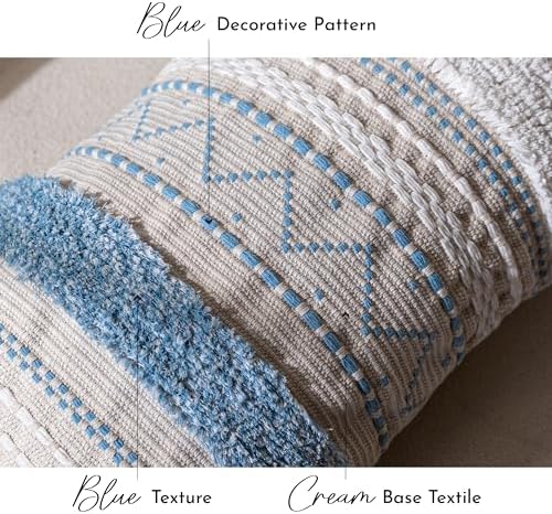 BlissBlush 14x36 Lumbar Pillow Cover for Bed, Rectangular Long Decorative Throw Pillowcase, Boho Accent Cushion with Blue Tufted Pattern and Tassels, Cream Neutral (Cover Only) - Image 5