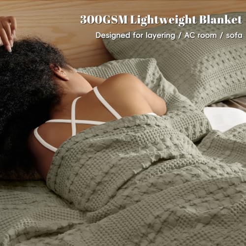 PHF Lightweight 100% Cotton Waffle Blanket for Bed, King, Dusty Sage - Image 2
