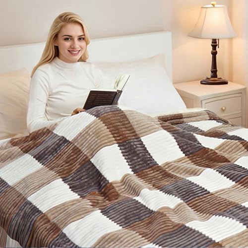 PU MEI Sherpa Blanket Twin Plaid Thick Bed Blanket, 60”*80” Super Soft Flannel Fuzzy Fleece Reversible Velvet Plush Warm Blanket for Couch (Beige Check, 60"*80") - Image 5