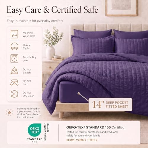 CozyLux King Size Comforter Set, 7 Pieces Purple Seersucker Bed in a Bag - Image 5