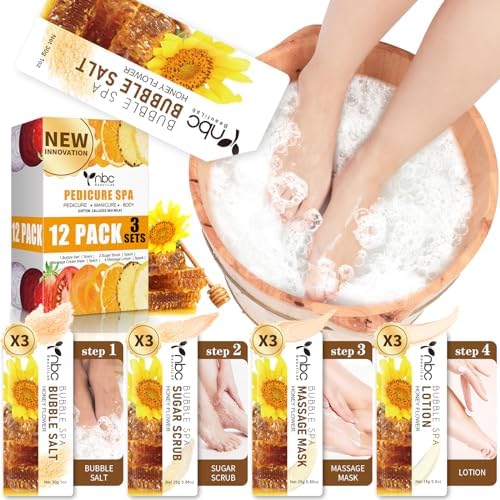 Pedicure Kit Foot Soak Set: Bubble Salt, Sugar Scrub, Massage Mask, Massage Lotion in a Box, 4 Step Foot Spa Kit for Dry Feet,Tired Feet (3 Set Honey flower) by nbcBeautiLab