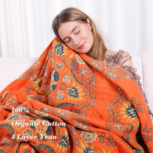 VANJOROY 100% Cotton Throw Blanket, Muslin Breathable Soft Bed Quilt Orange Throw - Bohemian Floral Farmhouse Decor Blanket for Sofa Couch Chair and Gift. 50" x 60" - Image 5