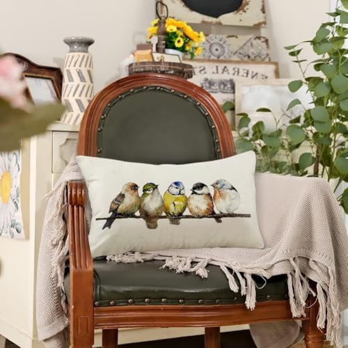 RABUSOFA Watercolor Birds Pillows Decorative Throw Pillows 12x20,Hand-Painted Oil Painting Rustic Birds Lumbar Pillow Cases,Cute Colorful Spring Summer Decorations for Home Couch Sofa Outdoor - Image 2