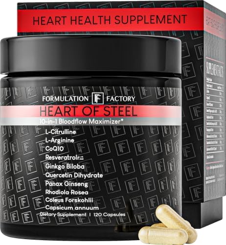 Formulation Factory Heart of Steel Nitric Oxide Supplements for Men & Women, Nitric Oxide Booster for Blood Flow & Circulation with L-Citrulline 1000mg, L-Arginine, CoQ10 & Resveratrol - 120 Capsules by FormulationFactory