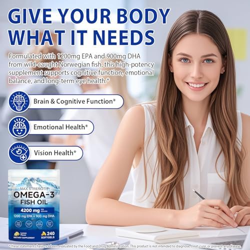 Triple-Strength Omega 3 Fish Oil Supplement 240 Softgels - High Potency EPA & DHA - Supports Brain, Eye, Skin, Joint & Heart Health for Adults - Lemon Flavor, from Sustainably Sourced Fish - Image 2