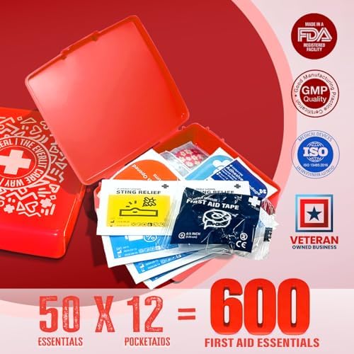 EVERLIT Pocket-Aid Mini First Aid Kit | Compact, Portable Hard-Shell Cases of 50 Items | Cuts, Scrapes, Wound Care Essentials for Travel, Outdoor, School, Camping, Home, Office (12 Packs | 600 Pcs) - Image 4