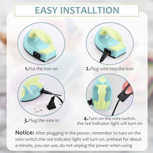 Honoson Mini Craft Iron Mini Heat Press Small Iron 3.93 x 2.36 x 2.76 In Portable Handy Tiny Flatiron with Charging Base Accessory for Fuse Bead Patch DIY Heat Transfer Vinyl(Light Yellow, Mint Green) - Image 3