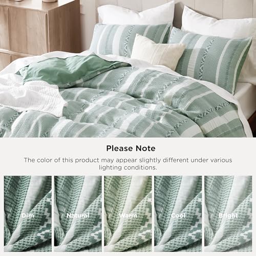 Bedsure PureWoven Boho Striped Cotton Waffle Duvet Cover Set, Queen, Green - Image 5