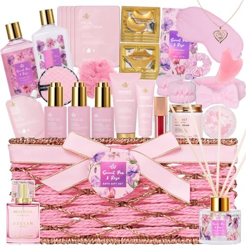 35 Pcs Gift for Women, Rose Bath and Body Gift Basket, Facial Skin Care Set by RAROSAACCA