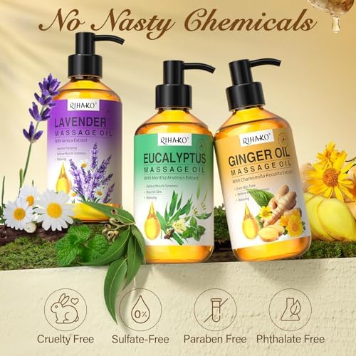 3 Pack Massage Oil Set for Massage Therapy,Ginger,Lavender & Eucalyptus Mint Essential Oils for Relaxation and Muscle Care,Aromatherapy Body Oil with Massage Ball Tool,Spa Kit for Women & Men - Image 5
