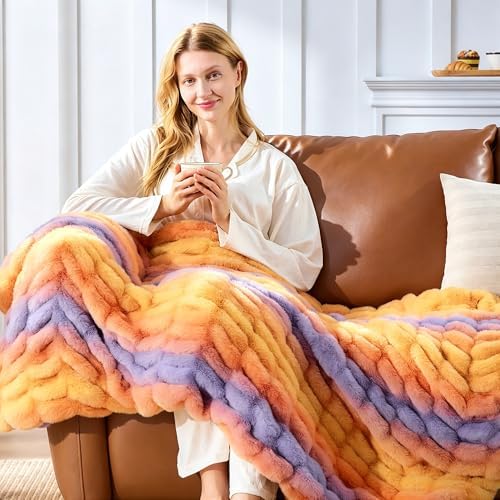 Touchat Ruched Rabbit Faux Fur Throw Blanket,Fluffy Soft Cozy, Colourful - Image 4