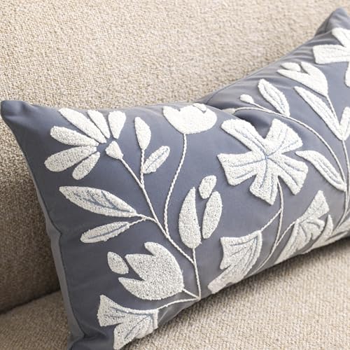 BlissBlush Long Lumbar Pillow Cover 14x36 for Bed, Coastal Dusty Blue Floral Tufted Velvet Accent Oversize Throw Pillowcase for Bedroom, Cover Only - Image 7