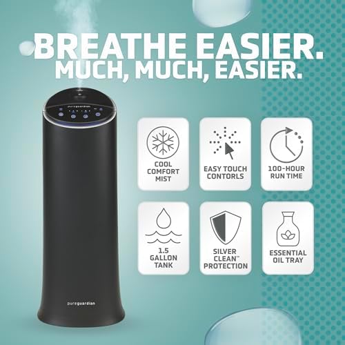 Pure Guardian Ultrasonic Cool Mist Humidifier, 100 Hour Run Time, 1.5 Gallon Tank, 440 Sq. Ft. Coverage, Medium Rooms, Quiet, Filter Free, Black, H3200BAR - Image 2