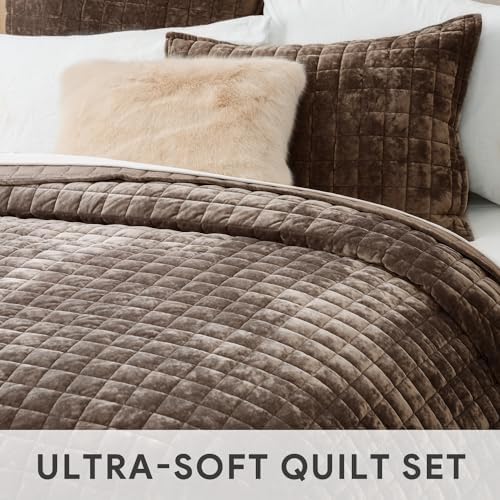 RECYCO Channel Box Stitch Velvet Quilt Set, King Size, Walnut Brown - Image 4